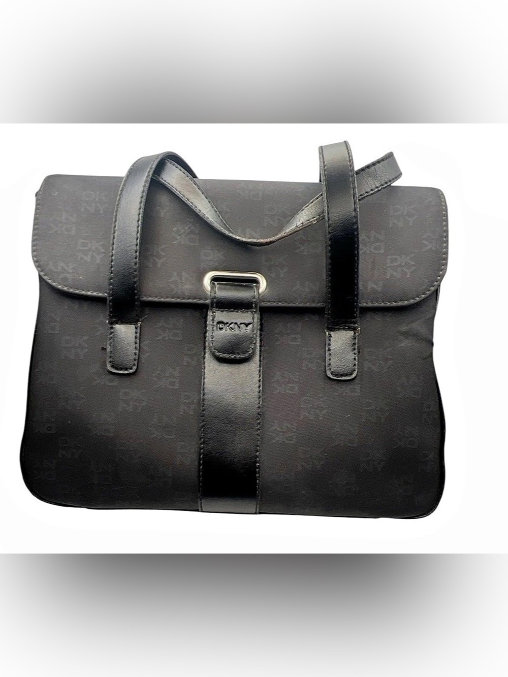 Vintage DKNY Black Logo Jacquard Flap Shoulder Bag with Leather Trim